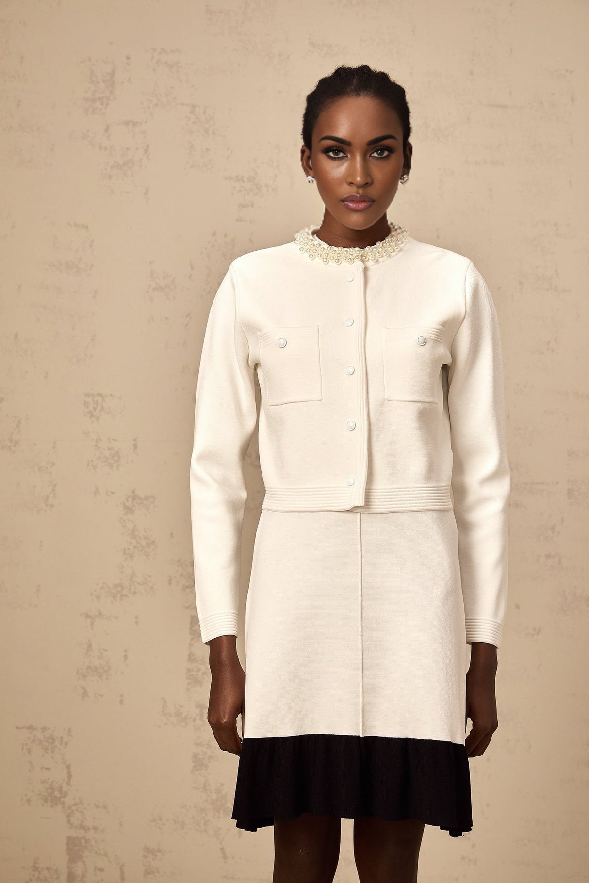 Artemide Cardigan - Round Neck - Long Sleeves - Knitted Construction - Faux - Pearl Embellishment - Button Fastening