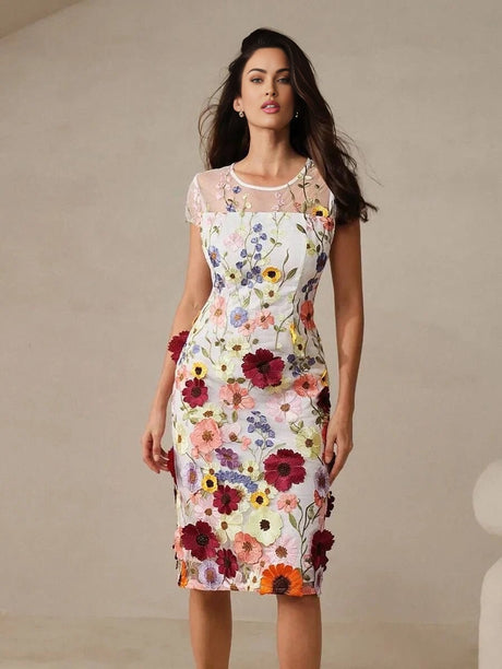 Artemide Elegant Midi Dress - Round Neck - Cap Sleeve - High Waist - Floral Print - Ruffle Hem