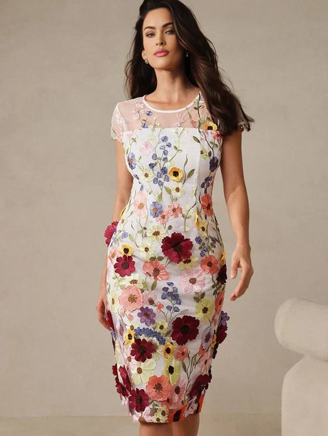 Artemide Elegant Midi Dress - Round Neck - Cap Sleeve - High Waist - Floral Print - Ruffle Hem