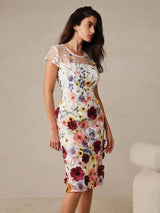Artemide Elegant Midi Dress - Round Neck - Cap Sleeve - High Waist - Floral Print - Ruffle Hem