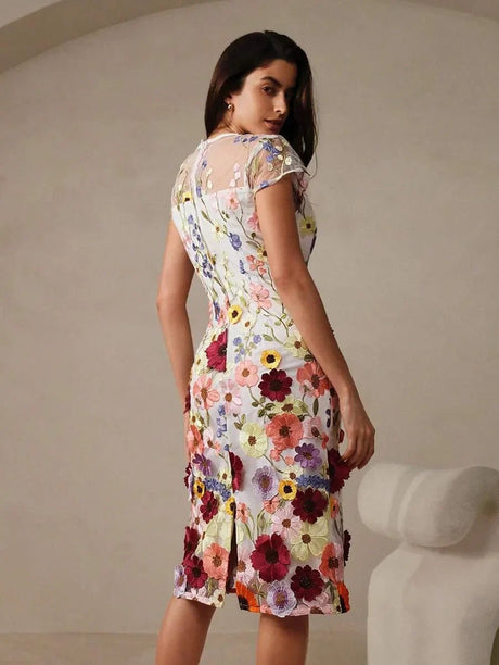 Artemide Elegant Midi Dress - Round Neck - Cap Sleeve - High Waist - Floral Print - Ruffle Hem