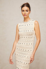 Artemide Maxi Dress – Crochet Knit – Stud Embellishment – Ruffled Hem