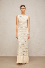 Artemide Maxi Dress – Crochet Knit – Stud Embellishment – Ruffled Hem