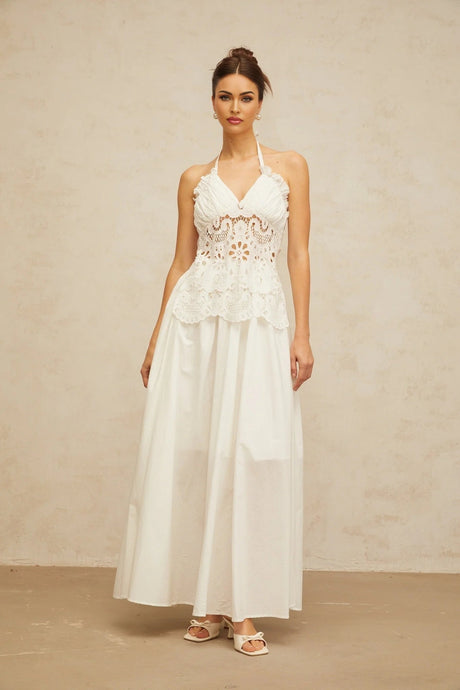 Artemide Maxi Dress White Floral Embroidered Cut - Out & Open Back