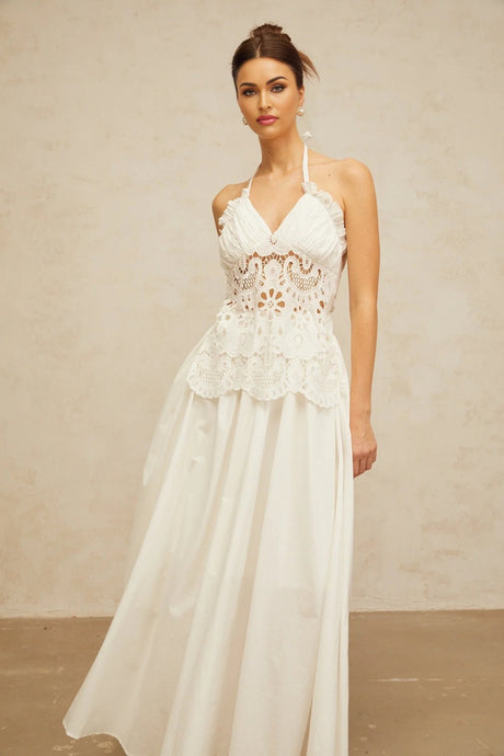 Artemide Maxi Dress White Floral Embroidered Cut - Out & Open Back