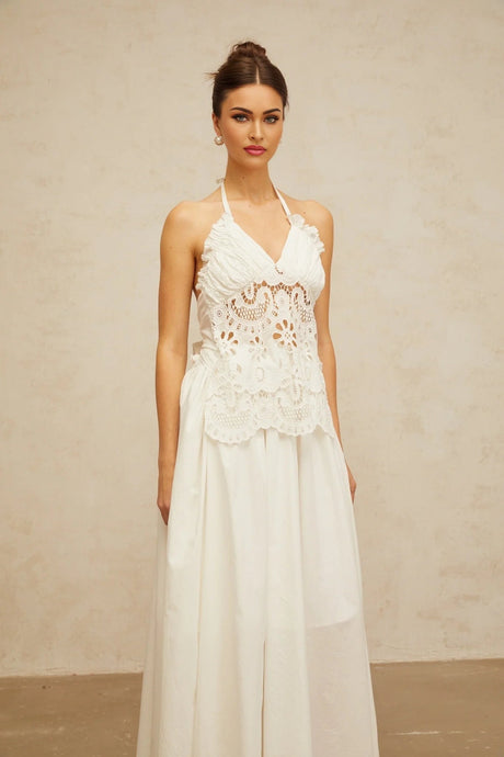 Artemide Maxi Dress White Floral Embroidered Cut - Out & Open Back