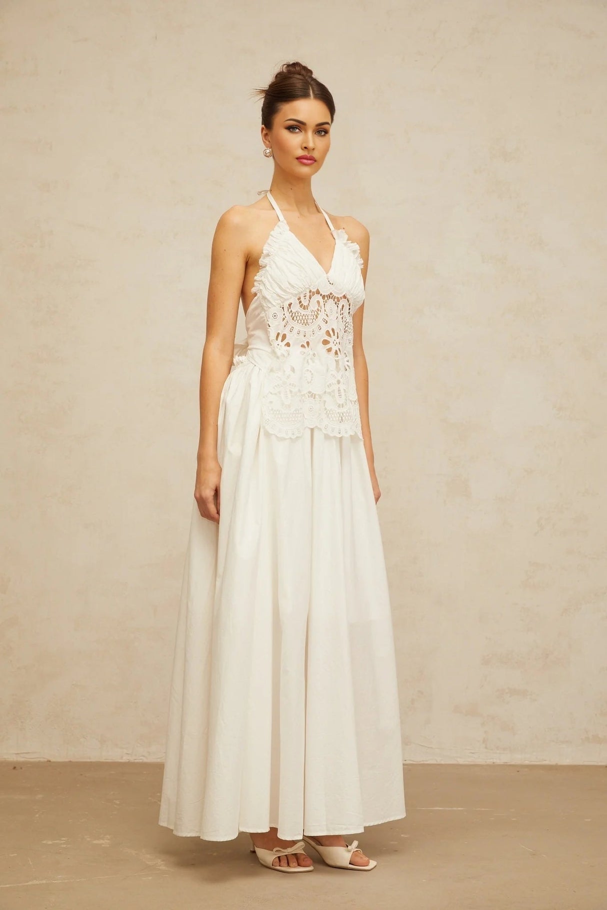 Artemide Maxi Dress White Floral Embroidered Cut - Out & Open Back