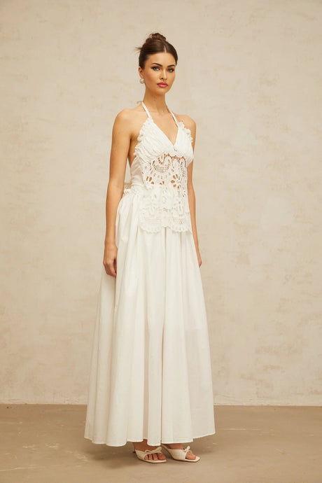 Artemide Maxi Dress White Floral Embroidered Cut - Out & Open Back