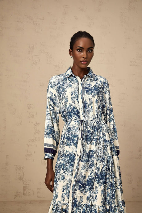 Artemide Midi Dress Blue & White Graphic Print Tie - Waist Pleats