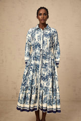 Artemide Midi Dress Blue & White Graphic Print Tie - Waist Pleats