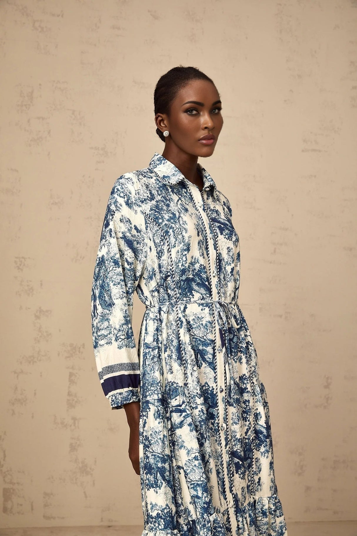 Artemide Midi Dress Blue & White Graphic Print Tie - Waist Pleats