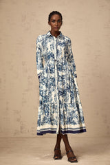 Artemide Midi Dress Blue & White Graphic Print Tie - Waist Pleats