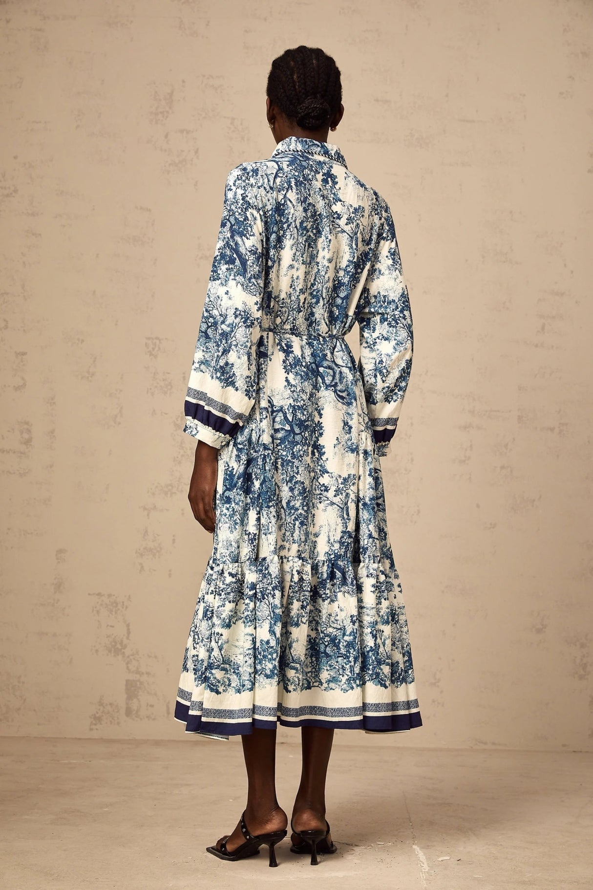 Artemide Midi Dress Blue & White Graphic Print Tie - Waist Pleats