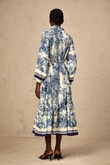 Artemide Midi Dress Blue & White Graphic Print Tie - Waist Pleats