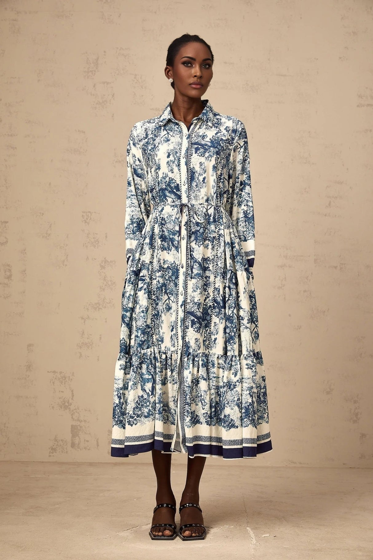 Artemide Midi Dress Blue & White Graphic Print Tie - Waist Pleats