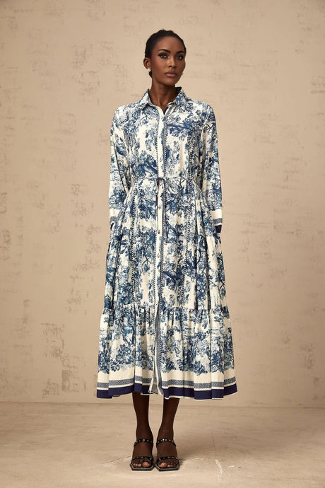 Artemide Midi Dress Blue & White Graphic Print Tie - Waist Pleats