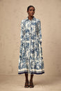 Artemide Midi Dress Blue & White Graphic Print Tie - Waist Pleats