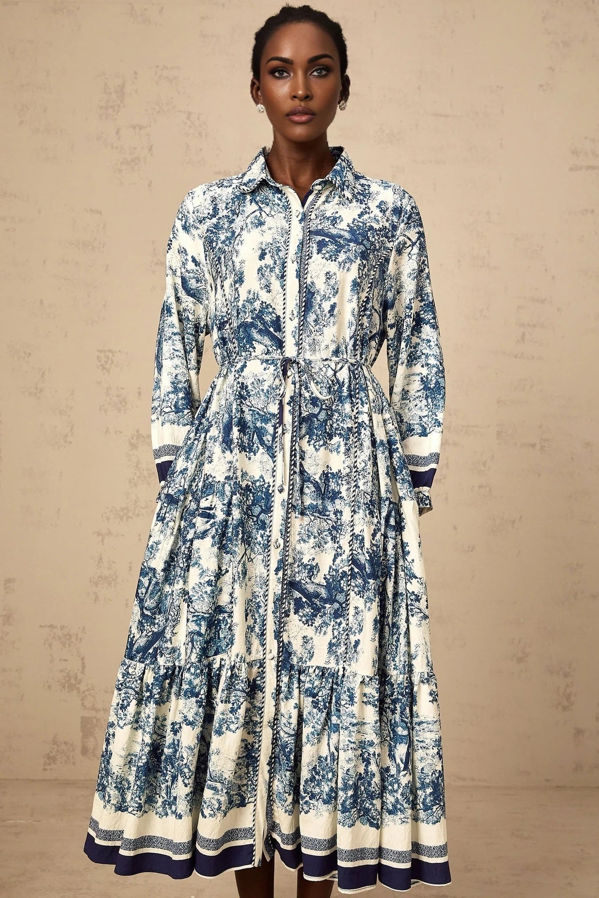 Artemide Midi Dress Blue & White Graphic Print Tie - Waist Pleats