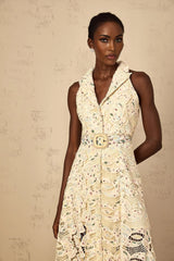 Artemide Midi Dress Floral Embroidered Cut - Out & Belted Waist