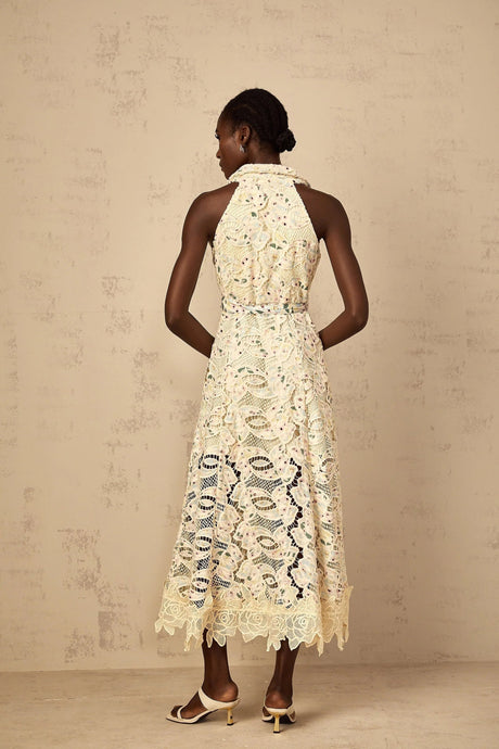 Artemide Midi Dress Floral Embroidered Cut - Out & Belted Waist