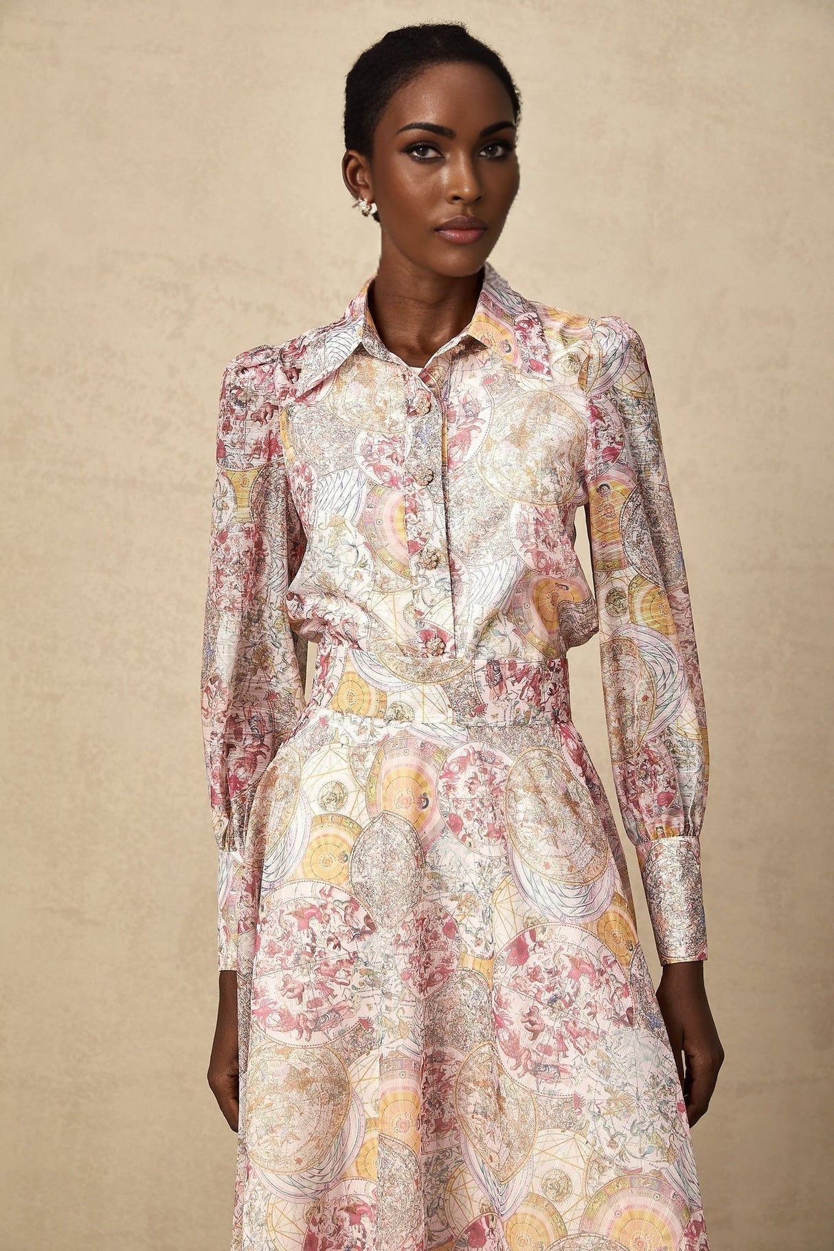 Artemide Shirt & Skirt - Semi - Sheer Construction - Pattern - Long Cuff Sleeves - Side Slip Pocket