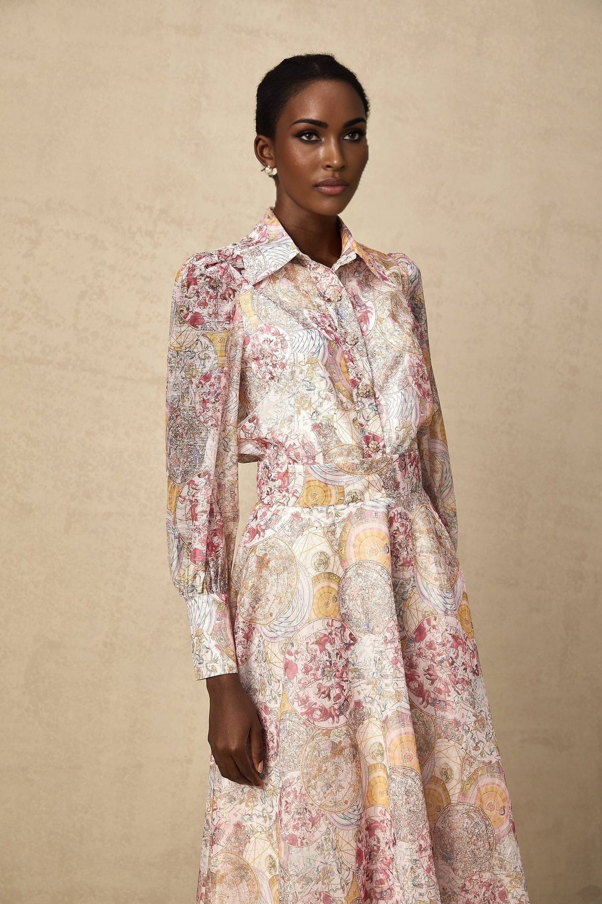 Artemide Shirt & Skirt - Semi - Sheer Construction - Pattern - Long Cuff Sleeves - Side Slip Pocket