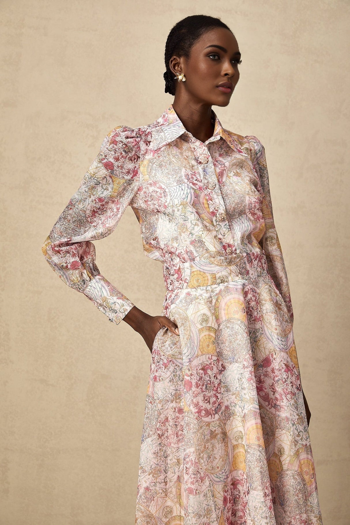 Artemide Shirt & Skirt - Semi - Sheer Construction - Pattern - Long Cuff Sleeves - Side Slip Pocket