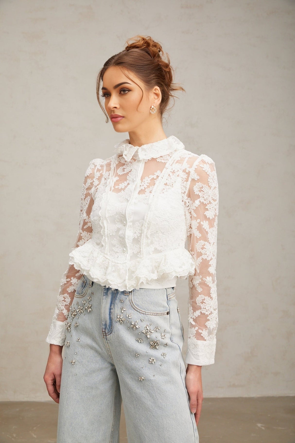 Artemisia Blouse - Lapel Collar - Floral Lace Overlay - Ruffled Detailing - Faux - Pearl Embellishment