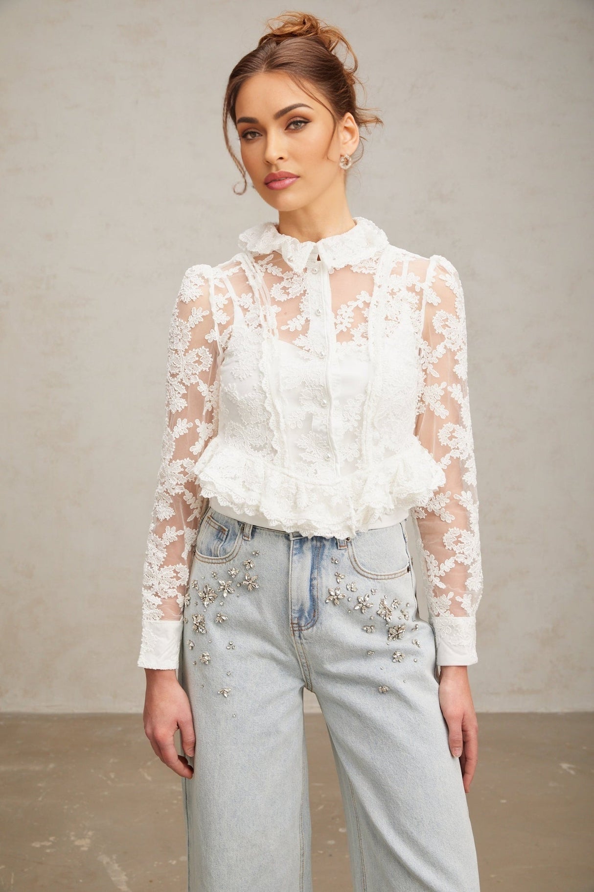 Artemisia Blouse - Lapel Collar - Floral Lace Overlay - Ruffled Detailing - Faux - Pearl Embellishment