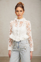 Artemisia Blouse - Lapel Collar - Floral Lace Overlay - Ruffled Detailing - Faux - Pearl Embellishment
