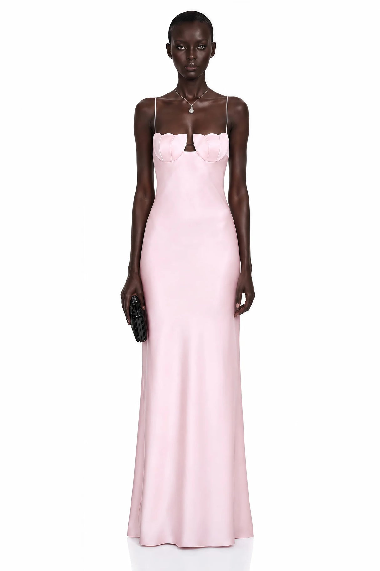 Asel Pink Maxi Dress with Floral Neckline