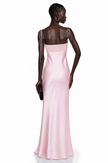 Asel Pink Maxi Dress with Floral Neckline