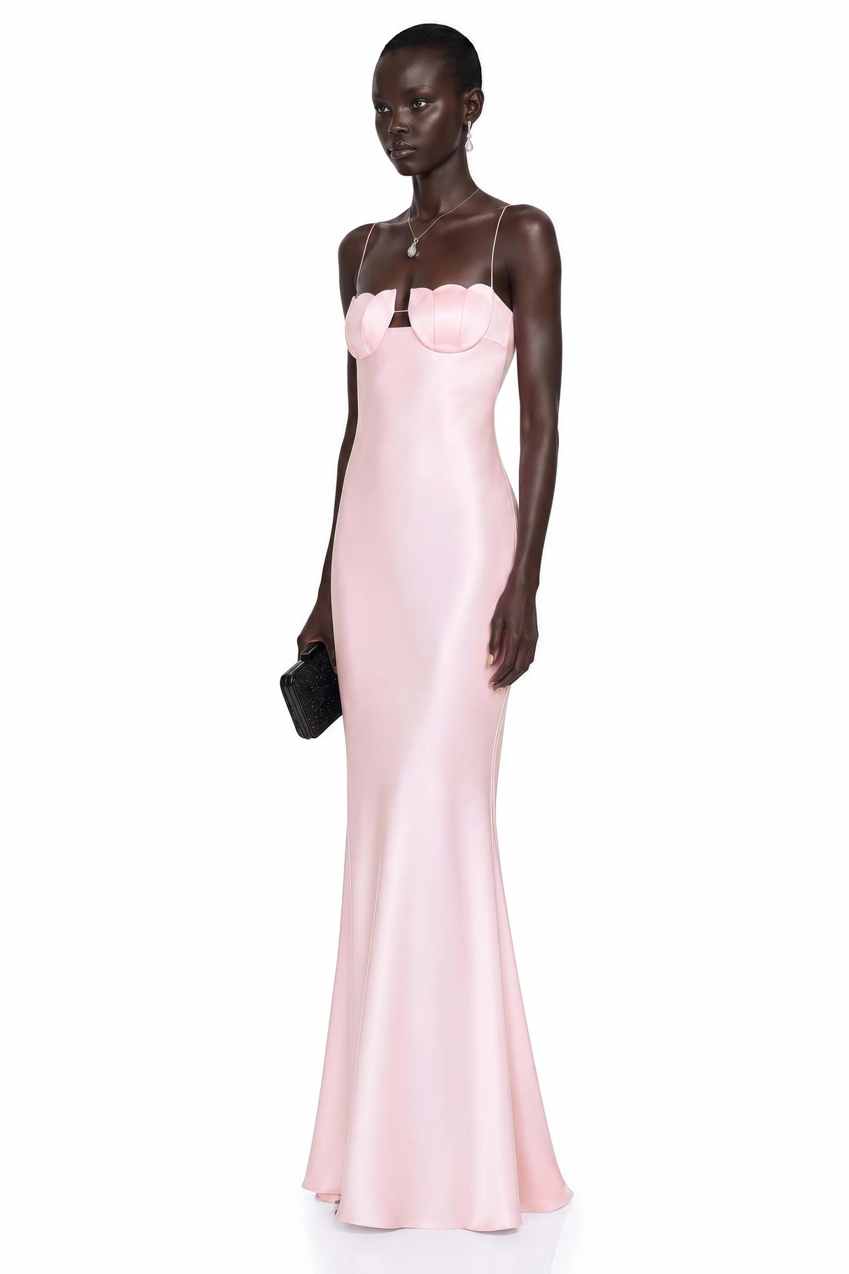 Asel Pink Maxi Dress with Floral Neckline