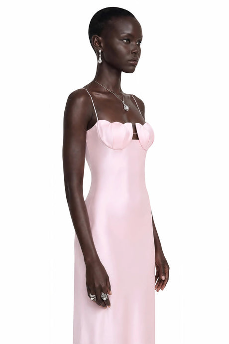 Asel Pink Maxi Dress with Floral Neckline