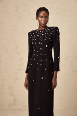 Ashley Maxi Dress - Long Sleeves - Shoulder Pads - Crystal Embellishments - Rear Slit