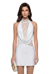 Asma White Halterneck Lace Panel Mini Dress