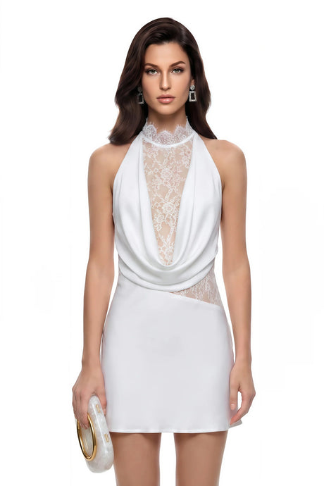 Asma White Halterneck Lace Panel Mini Dress