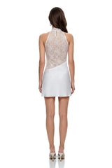 Asma White Halterneck Lace Panel Mini Dress