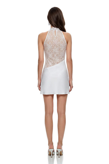 Asma White Halterneck Lace Panel Mini Dress
