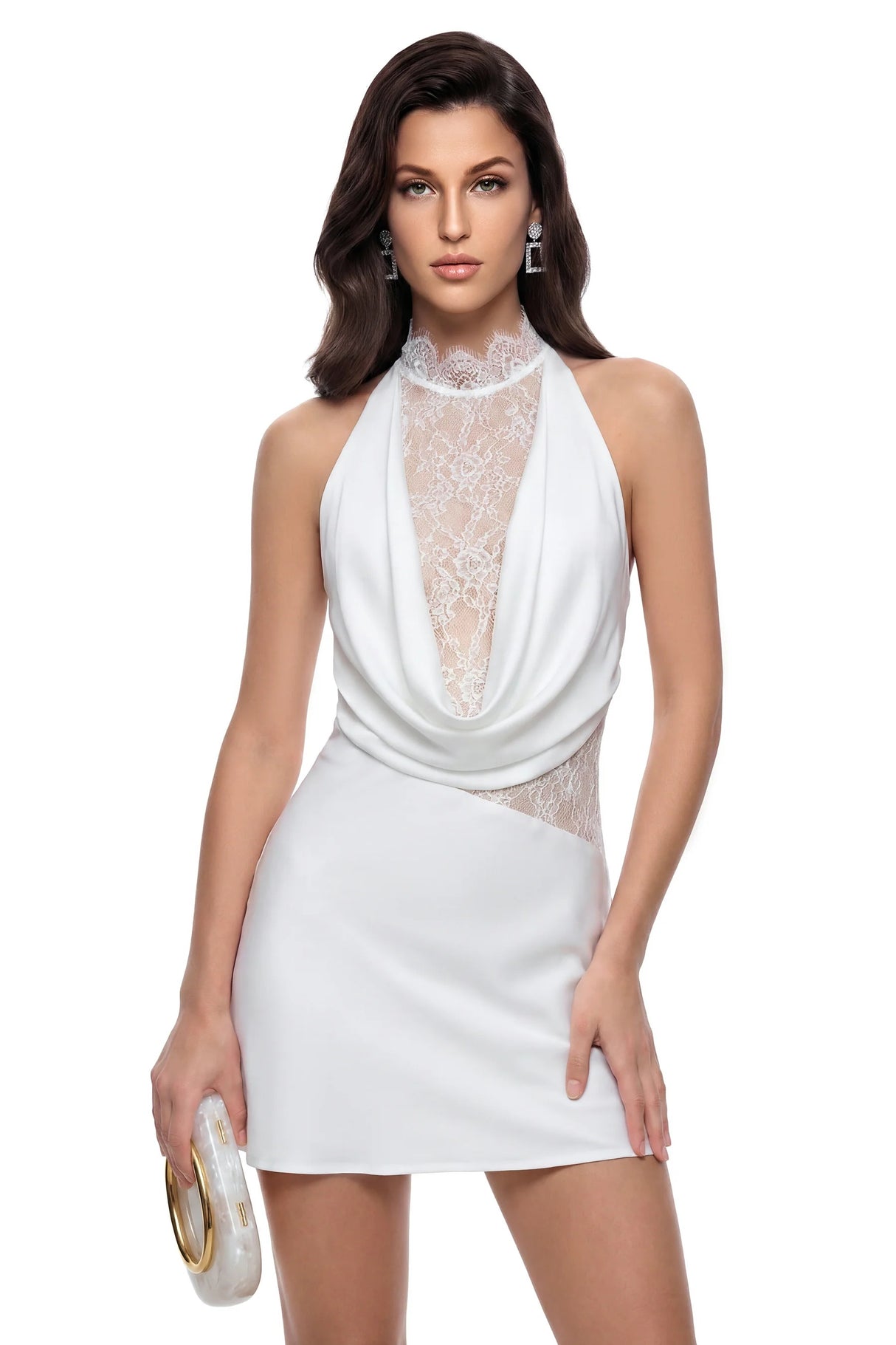 Asma White Halterneck Lace Panel Mini Dress