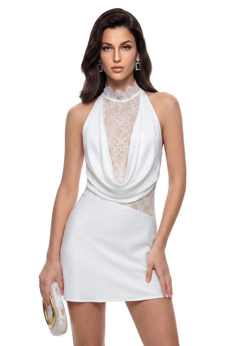 Asma White Halterneck Lace Panel Mini Dress