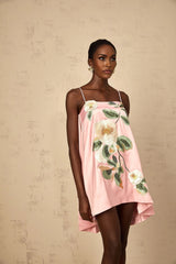 Aspen Mini Dress Pink Floral Embroidered Satin Hem & Straps