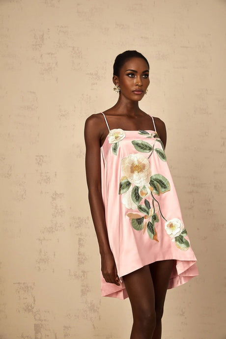 Aspen Mini Dress Pink Floral Embroidered Satin Hem & Straps