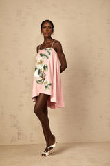 Aspen Mini Dress Pink Floral Embroidered Satin Hem & Straps