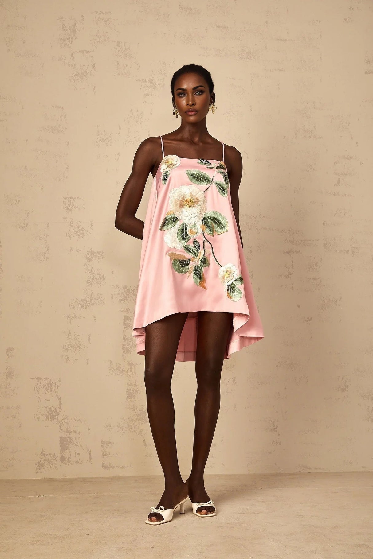 Aspen Mini Dress Pink Floral Embroidered Satin Hem & Straps