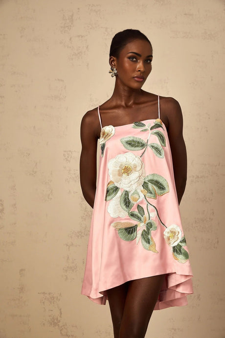 Aspen Mini Dress Pink Floral Embroidered Satin Hem & Straps