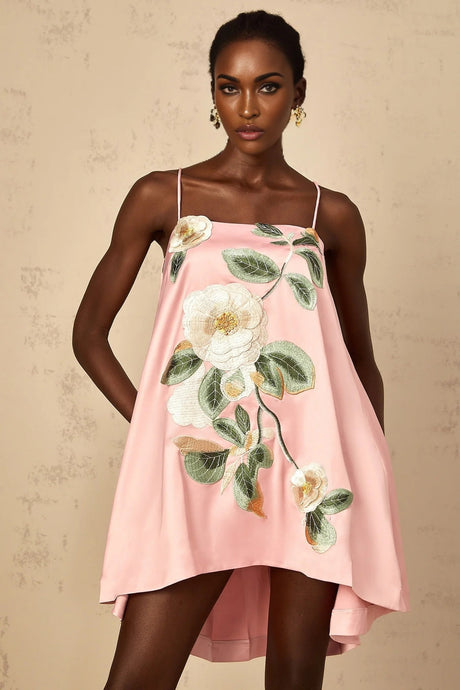 Aspen Mini Dress Pink Floral Embroidered Satin Hem & Straps