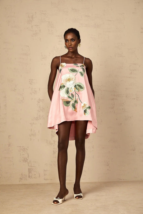 Aspen Mini Dress Pink Floral Embroidered Satin Hem & Straps