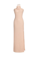 Aspen Pink Halter Neck Floral Embellished Sequin Dress with Side Slit