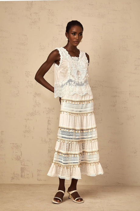 Aspen Skirt with Delicate Lace Trim in White